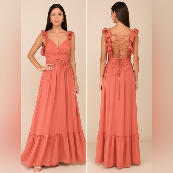 Lulus Soiree Celebration Rusty Rose Ruffled Lace-Up Maxi Dress Size Medium NEW - Picture 11 of 12